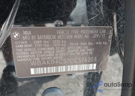 2012 BMW 740Li Li from USA, damaged, VIN WBAKB4C57CC576203